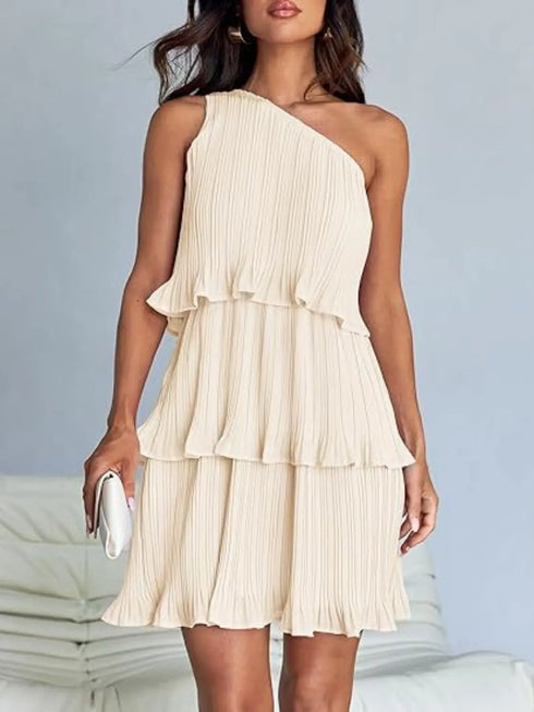 'Hesper' Layered Single Shoulder Mini Dress - Celes Fashion